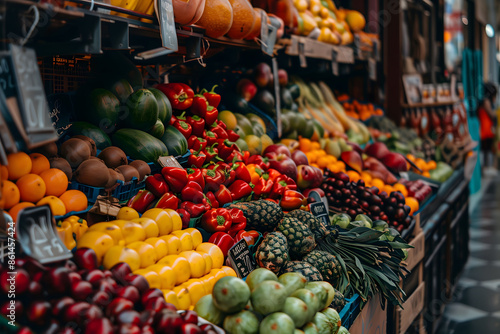 A fruit and vegetable stall at a market with a variety of fresh produce on display photo