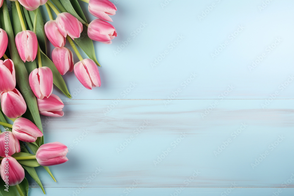 Beautiful pink tulip flowers arranged on a light blue wooden background, perfect for spring or floral-themed designs or greeting cards. Beautiful pink tulip flowers arranged on a light blue wooden background, perfect for spring or floral-themed designs or greeting cards.