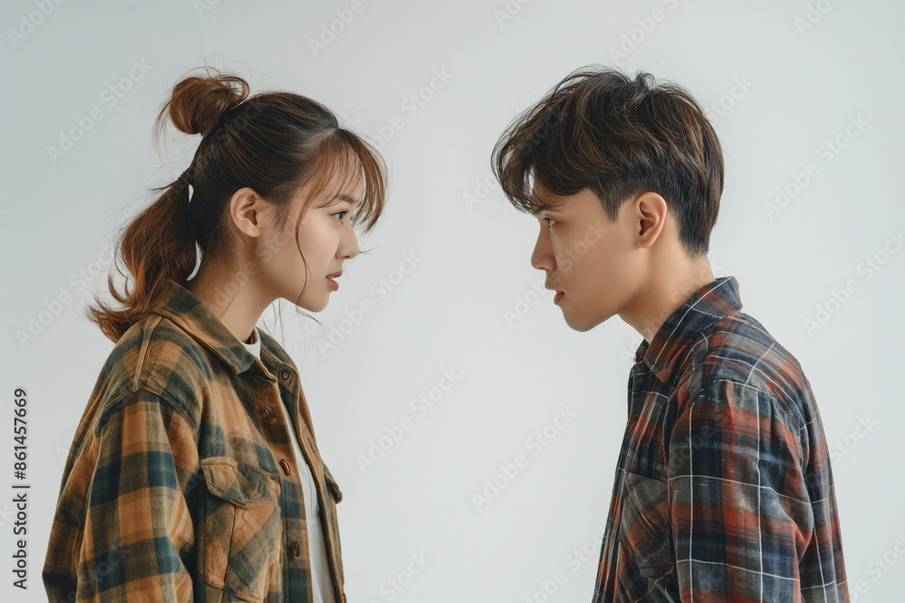 Young man and woman facing each other with intense expressions, standing close in a contemplative and emotional moment Young man and woman facing each other with intense expressions, standing close in a contemplative and emotional moment