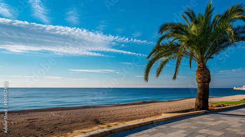 A palm tree on the beach promenade with a view of the sea and blue sky