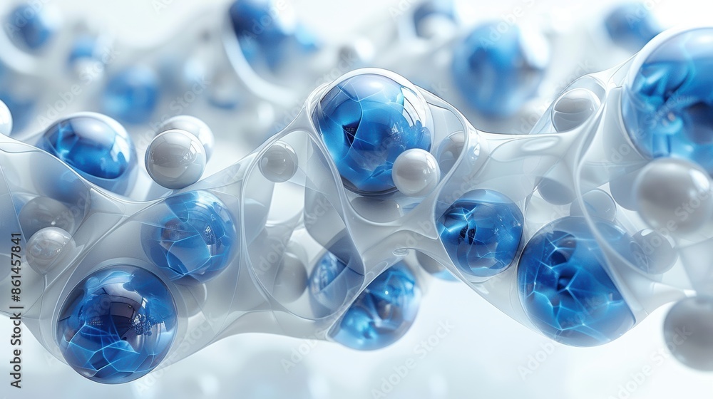 A 3D rendering of a molecular structure. The molecule is made up of blue and white spheres that are connected together by a network of bonds. The structure is surrounded by a white background. A 3D rendering of a molecular structure. The molecule is made up of blue and white spheres that are connected together by a network of bonds. The structure is surrounded by a white background.