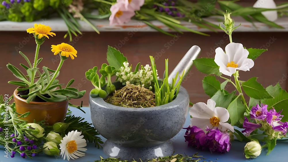 Medical flowers herbs in mortar clover milfoil tansy rosebay Medical flowers herbs in mortar clover milfoil tansy rosebay