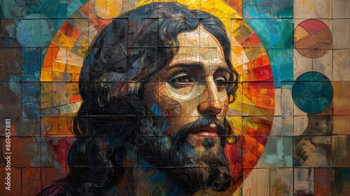 A Mosaic Portrait of Jesus Christ in a Modern Art Style. Generative AI