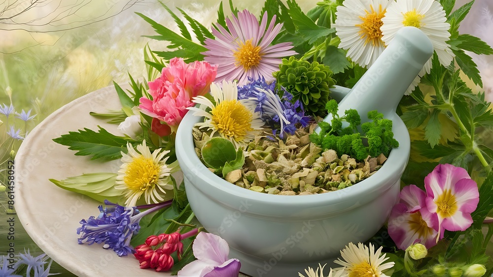 Medical flowers herbs in mortar clover milfoil tansy rosebay Medical flowers herbs in mortar clover milfoil tansy rosebay