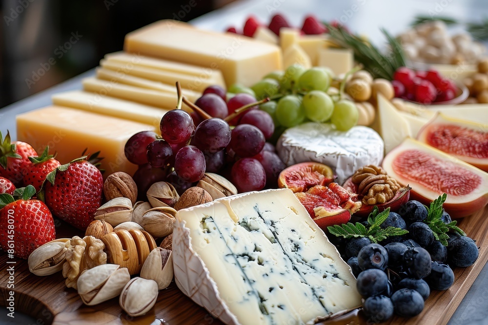 A gourmet cheese board featuring an assortment of aged cheeses, fresh fruits, nuts, and honeycomb, all displayed on a wooden board. A gourmet cheese board featuring an assortment of aged cheeses, fresh fruits, nuts, and honeycomb, all displayed on a wooden board.
