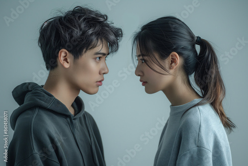 Young man and woman facing each other with intense expressions, standing close in a contemplative and emotional moment