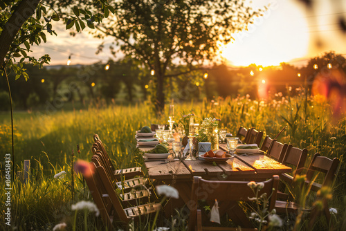 Summer outdoor dinner table in field on sunset