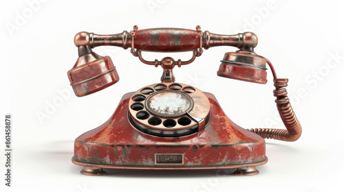 a 3D rendering of a vintage telephone. The phone is made of metal and has a rotary dial. The phone is painted red and has a weathered look.