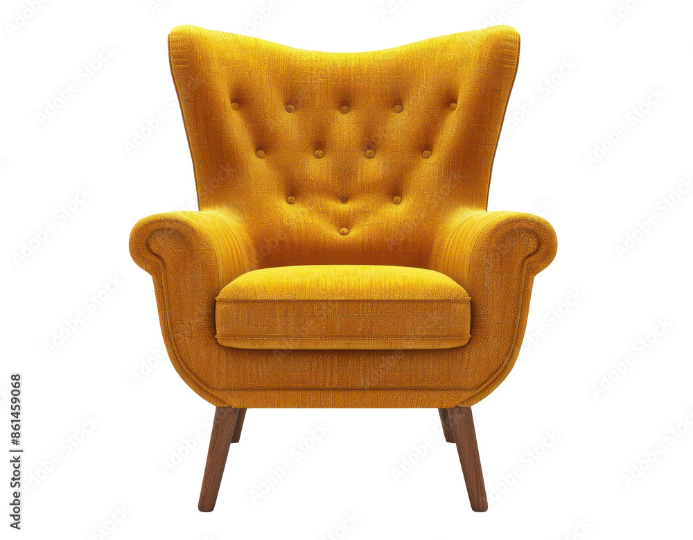 Fototapeta premium a luxurious yellow armchair with a tufted backrest and wooden legs. The armchair is perfect for relaxing in style.