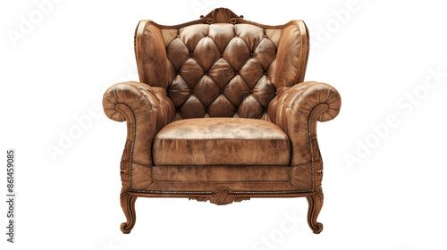 a luxurious vintage chesterfield armchair with a tufted backrest and a rich brown leather upholstery. 