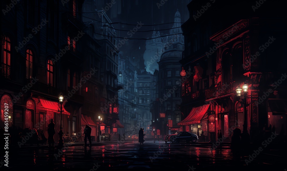 Obraz premium Red-Lit City Street at Night