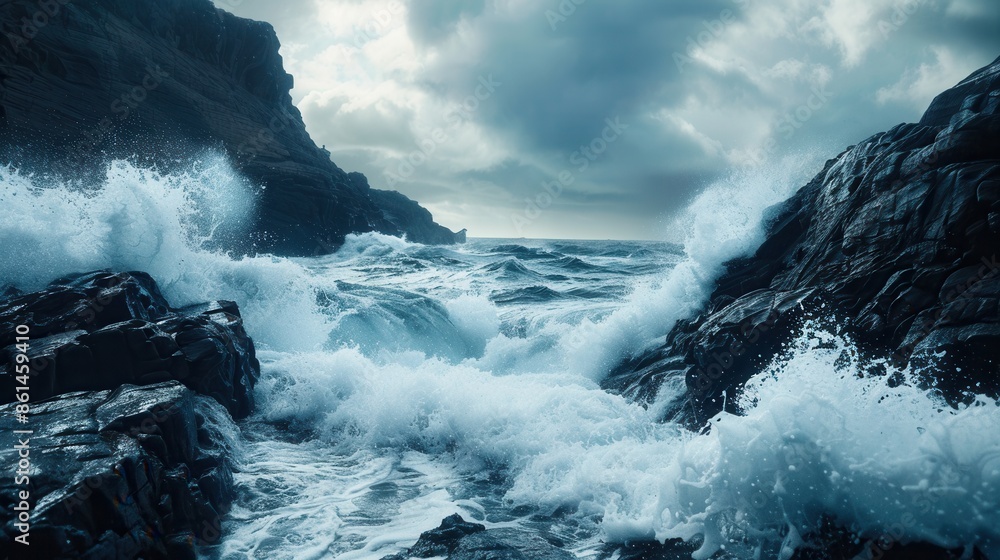 Obraz premium A dramatic image of powerful waves crashing against rugged cliffs, creating a scene of raw power and beauty. Generative AI