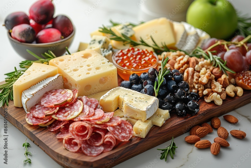 A gourmet cheese board featuring an assortment of aged cheeses, fresh fruits, nuts, and honeycomb, all displayed on a wooden board. A gourmet cheese board featuring an assortment of aged cheeses, fresh fruits, nuts, and honeycomb, all displayed on a wooden board.