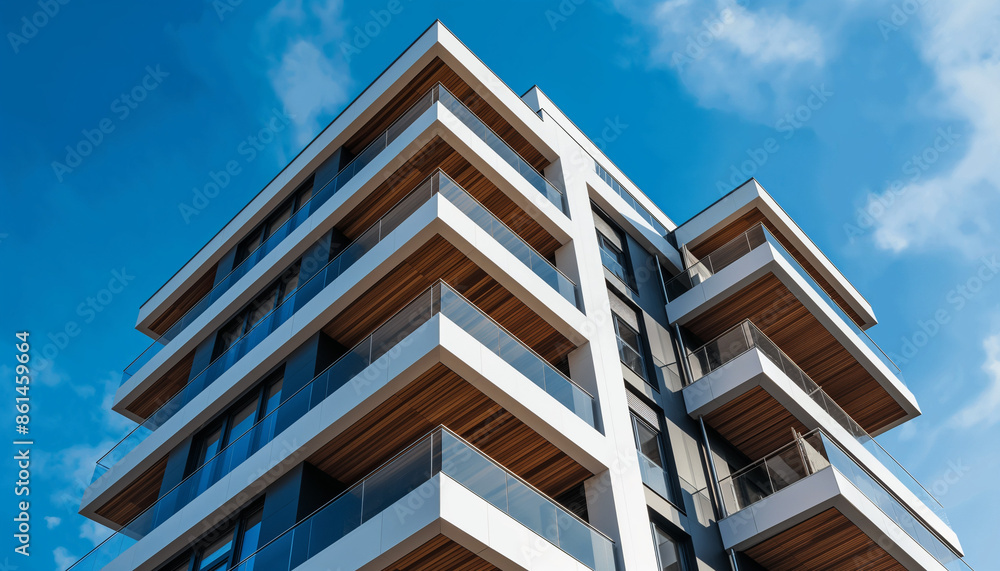 A modern apartment building with sleek balconies and large windows, representing contemporary urban living and stylish architecture A modern apartment building with sleek balconies and large windows, representing contemporary urban living and stylish architecture