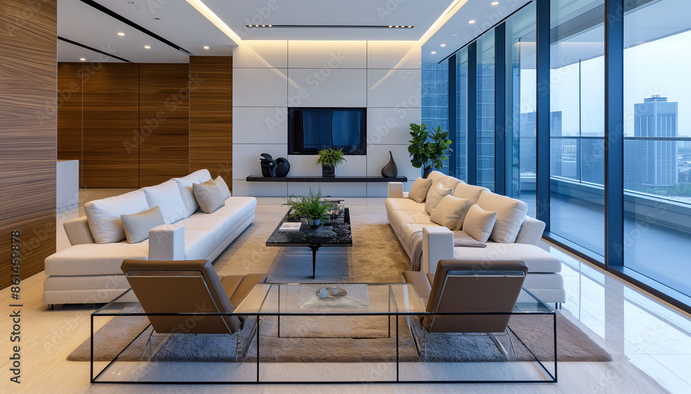 A modern living room with large windows, sleek furniture, and a beautiful city view, epitomizing luxury and contemporary design in an urban setting A modern living room with large windows, sleek furniture, and a beautiful city view, epitomizing luxury and contemporary design in an urban setting