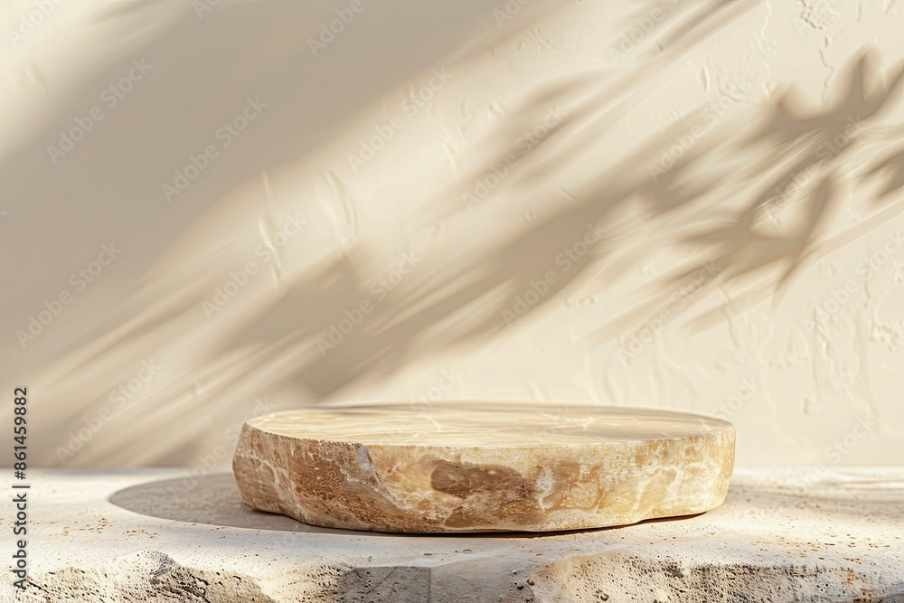 Beige concept product display podium Rock Stone with blurred background with sunlight shadow - generative ai Beige concept product display podium Rock Stone with blurred background with sunlight shadow - generative ai