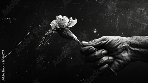 The grip of a fist tightly holds a wilted flower embodying the loss and decay of life. Black and white art