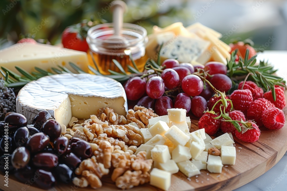 A gourmet cheese board featuring an assortment of aged cheeses, fresh fruits, nuts, and honeycomb, all displayed on a wooden board. A gourmet cheese board featuring an assortment of aged cheeses, fresh fruits, nuts, and honeycomb, all displayed on a wooden board.