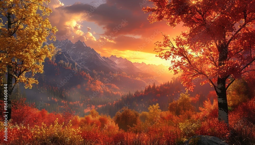 The image shows a beautiful autumn landscape with a mountain range in the distance The image shows a beautiful autumn landscape with a mountain range in the distance