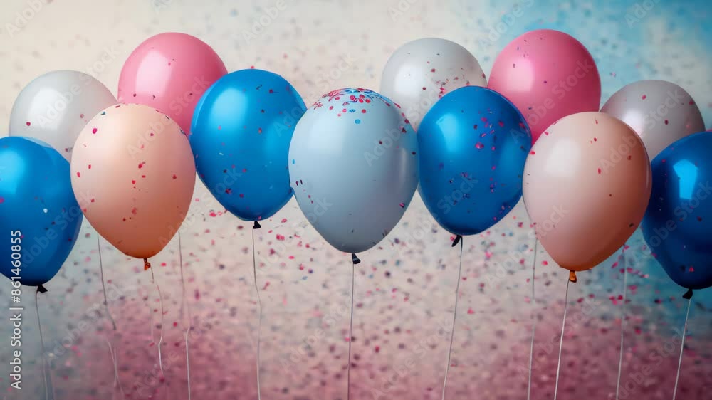 Holiday festive birthday party background with pink and blue air balloons, confetti, copy space, slow motion footage Holiday festive birthday party background with pink and blue air balloons, confetti, copy space, slow motion footage
