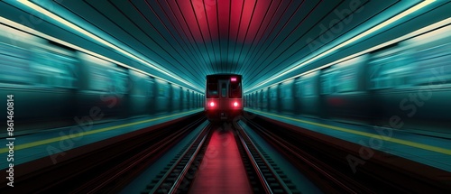 A high-speed train moving through an illuminated underground tunnel with a futuristic and dynamic feel, captured in motion blur. photo