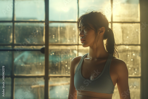 A young athletic woman with a focused gaze stands in a gym bathed in natural sunlight, exuding confidence and readiness. Free Download A young athletic woman with a focused gaze stands in a gym bathed in natural sunlight, exuding confidence and readiness. - GFXLoad