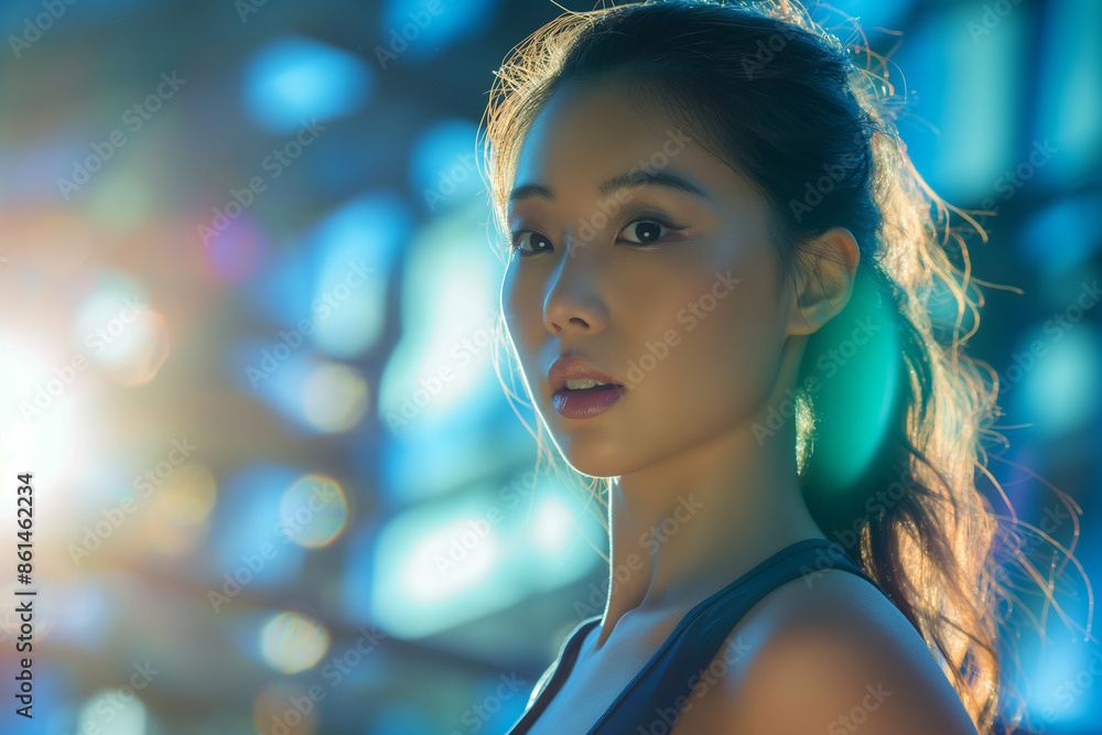 A young athletic woman with a focused gaze stands in a gym bathed in natural sunlight, exuding confidence and readiness. A young athletic woman with a focused gaze stands in a gym bathed in natural sunlight, exuding confidence and readiness.