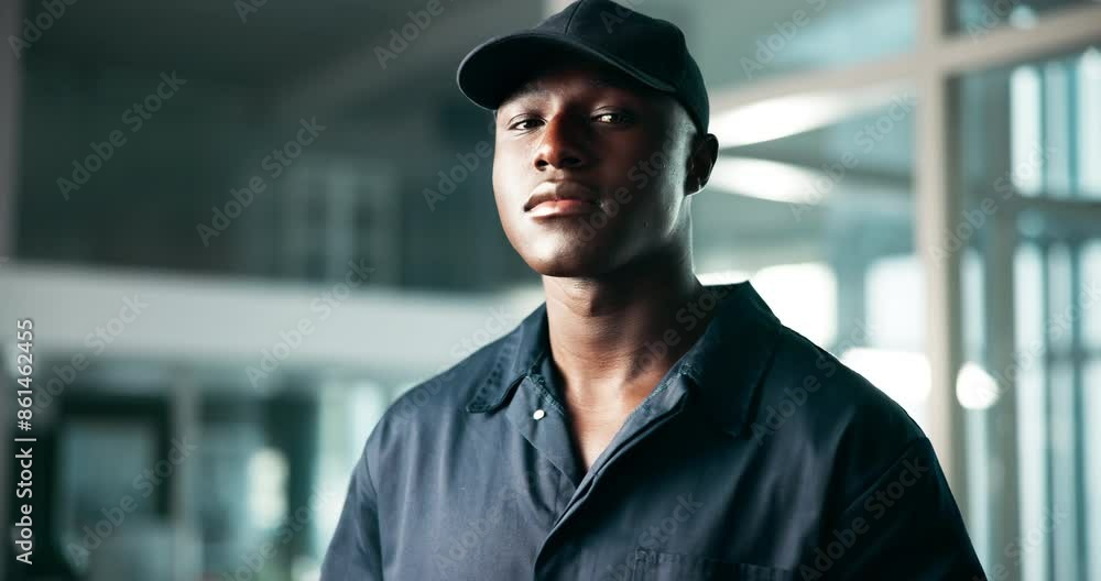 Office, logistics and portrait of delivery man with confidence, pride and job in commercial distribution service. Supply chain, transport and face of African courier person thinking in business lobby Office, logistics and portrait of delivery man with confidence, pride and job in commercial distribution service. Supply chain, transport and face of African courier person thinking in business lobby