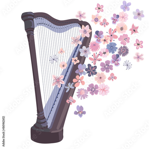 harp and flowers, vector drawing musical instrument isolated at white background, hand drawn illustration