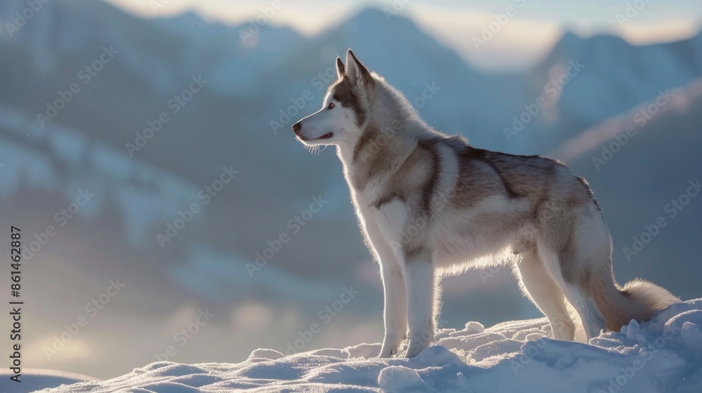 Portrait of a Husky dog on top of mountain in outdoor park in winter Portrait of a Husky dog on top of mountain in outdoor park in winter