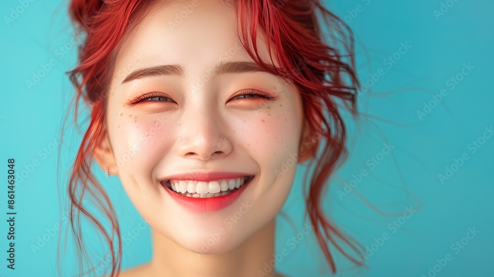 Beautiful korean woman smilling white teeth, 25 year old, red hair and isolated background, trendy costume Beautiful korean woman smilling white teeth, 25 year old, red hair and isolated background, trendy costume