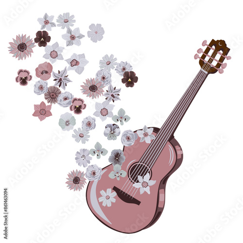 guitar and flowers, vector drawing musical instrument isolated at white background, hand drawn illustration