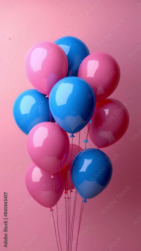 Holiday festive birthday party background with pink and blue air balloons, confetti, copy space, slow motion footage Holiday festive birthday party background with pink and blue air balloons, confetti, copy space, slow motion footage