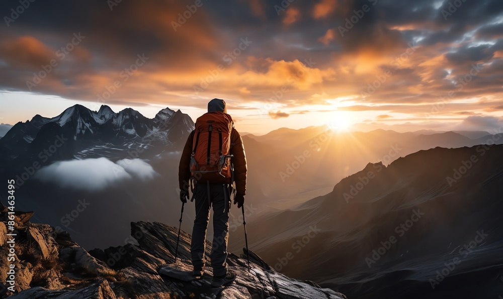 Hiker Gazing at Sunset Over Majestic Mountains Hiker Gazing at Sunset Over Majestic Mountains