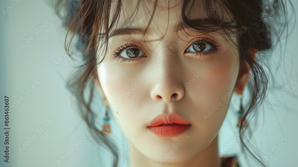 Beautiful korean woman smilling white teeth, 25 year old, sad expression, trendy costume Beautiful korean woman smilling white teeth, 25 year old, sad expression, trendy costume