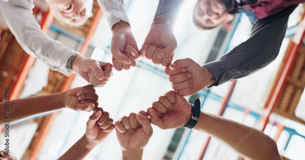 Warehouse, hands and fist bump for success, teamwork and victory of stock management. Collaboration, solidarity and celebration of factory staff with support, partnership and achievement of employees