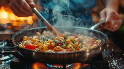 A close-up shot of hands cooking pasta with vegetables in a steaming pan on a stove, focusing on the culinary process in a vibrant kitchen setting.