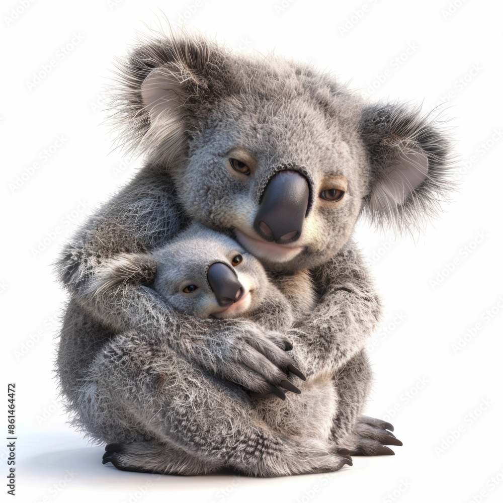 Koala bear with cub. 3D rendering cute animal isolated over white background. Koala bear with cub. 3D rendering cute animal isolated over white background.