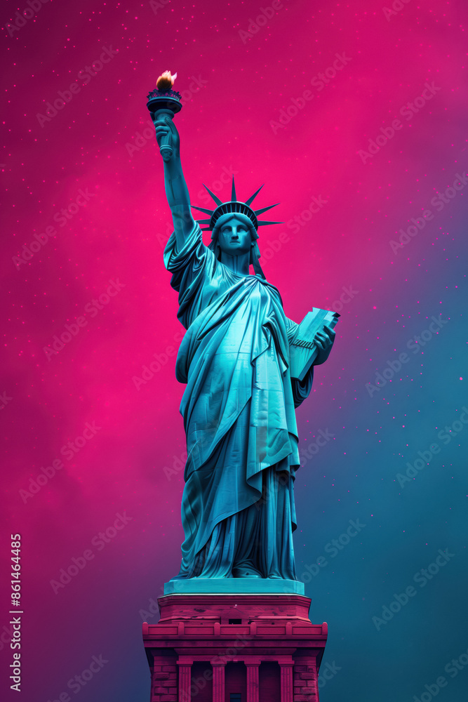 Fototapeta premium Stylized Independence Day poster featuring the Statue of Liberty against a vibrant pink and blue night sky with stars, celebrating the 4th of July.
