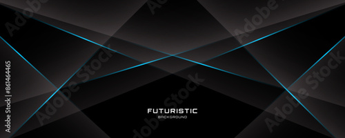3D black techno abstract background overlap layer on dark space with blue light lines effect decoration. Graphic design element with polygonal cutout style concept for flyer, card, or brochure cover
