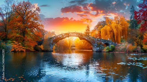 Fantastic Autumn Landscape. Amazing sunset With colorful sky in Azalea and Rhododendron Park Kromlau .Rakotz Bridge, Rakotzbrucke Devil's Bridge in Kromlau, Saxony, Germany photo