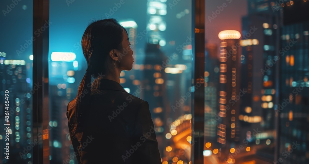 Elegant businesswoman overlooking city skyline at night from high-rise office Elegant businesswoman overlooking city skyline at night from high-rise office