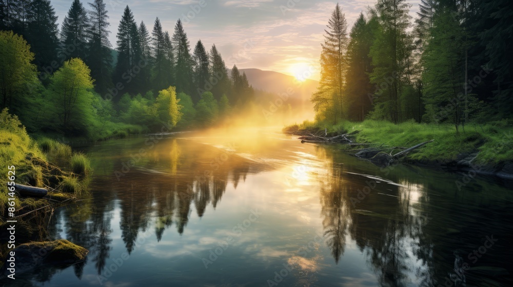 Tranquil scene of a panoramic landscape with sunset and sky over idyllic lake and river with reflection Tranquil scene of a panoramic landscape with sunset and sky over idyllic lake and river with reflection