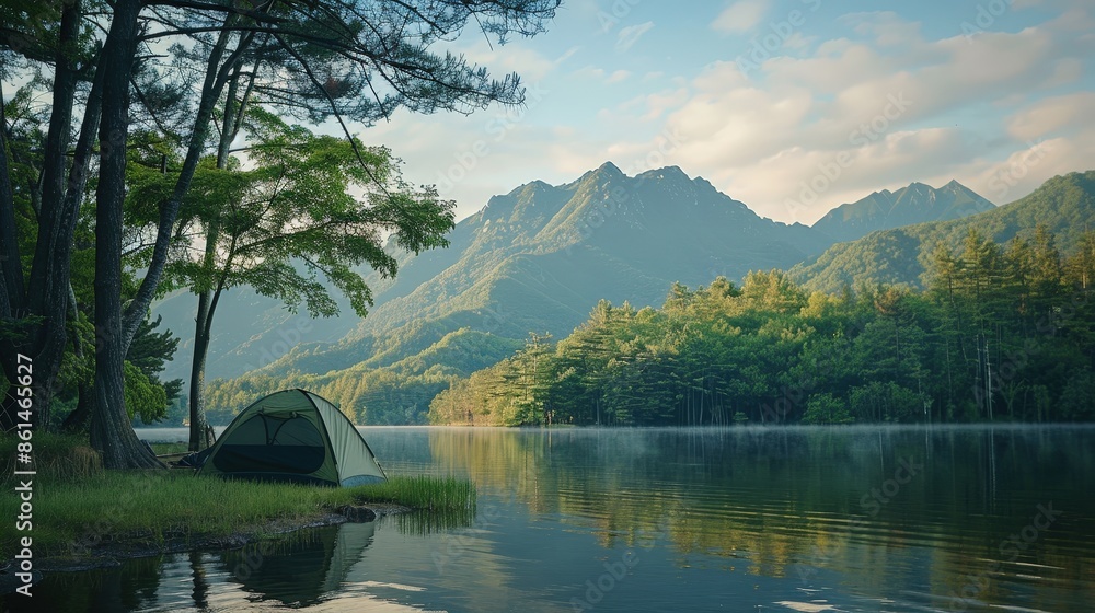 Fototapeta premium A tranquil camping scene by a lake surrounded by lush forest and majestic mountains, captured at sunrise.