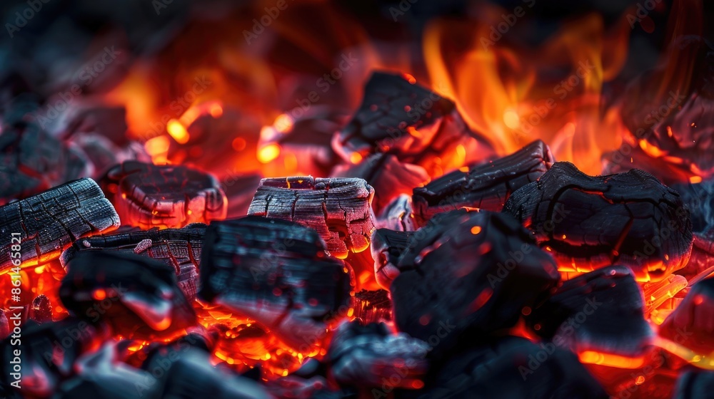 Burning coals on fire, red hot glowing embers and black charred charcoal. Burning coals on fire, red hot glowing embers and black charred charcoal.