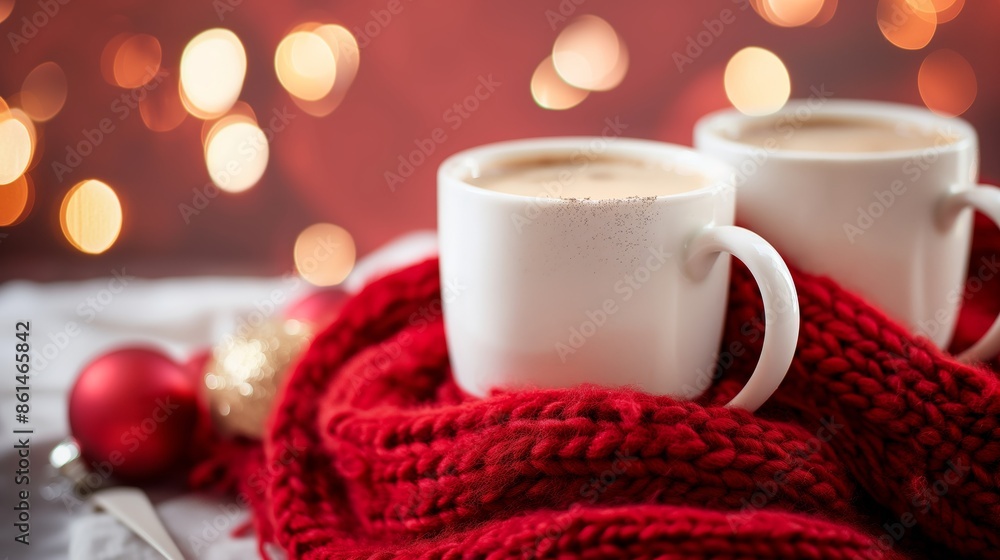 Obraz premium Two white cups of hot beverage cozily wrapped in a bright red knitted scarf, exuding warmth and joy, surrounded by festive holiday decorations with soft lighting.