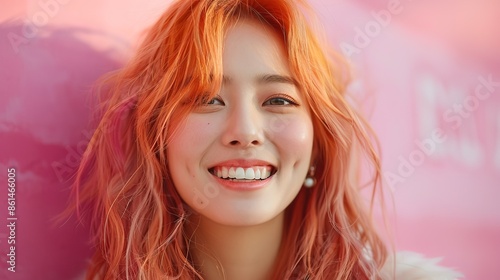 Beautiful korean woman smilling white teeth, 25 year old, orange hair and isolated background, trendy costume