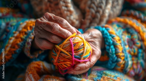 Elderly Hands Crafting Colorful Yarn Ball in Cozy Knitted Setting © sri
