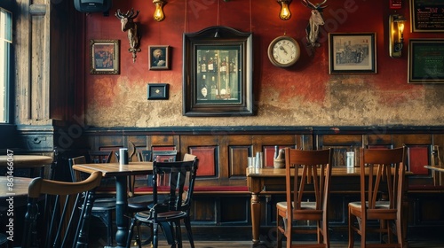 A blank picture frame hanging on the old textured wooden wall in a cosy old english or irish pub