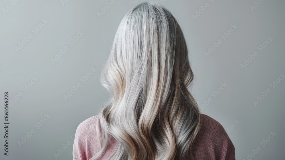 Fototapeta premium Back view of woman with long silver hair in soft light